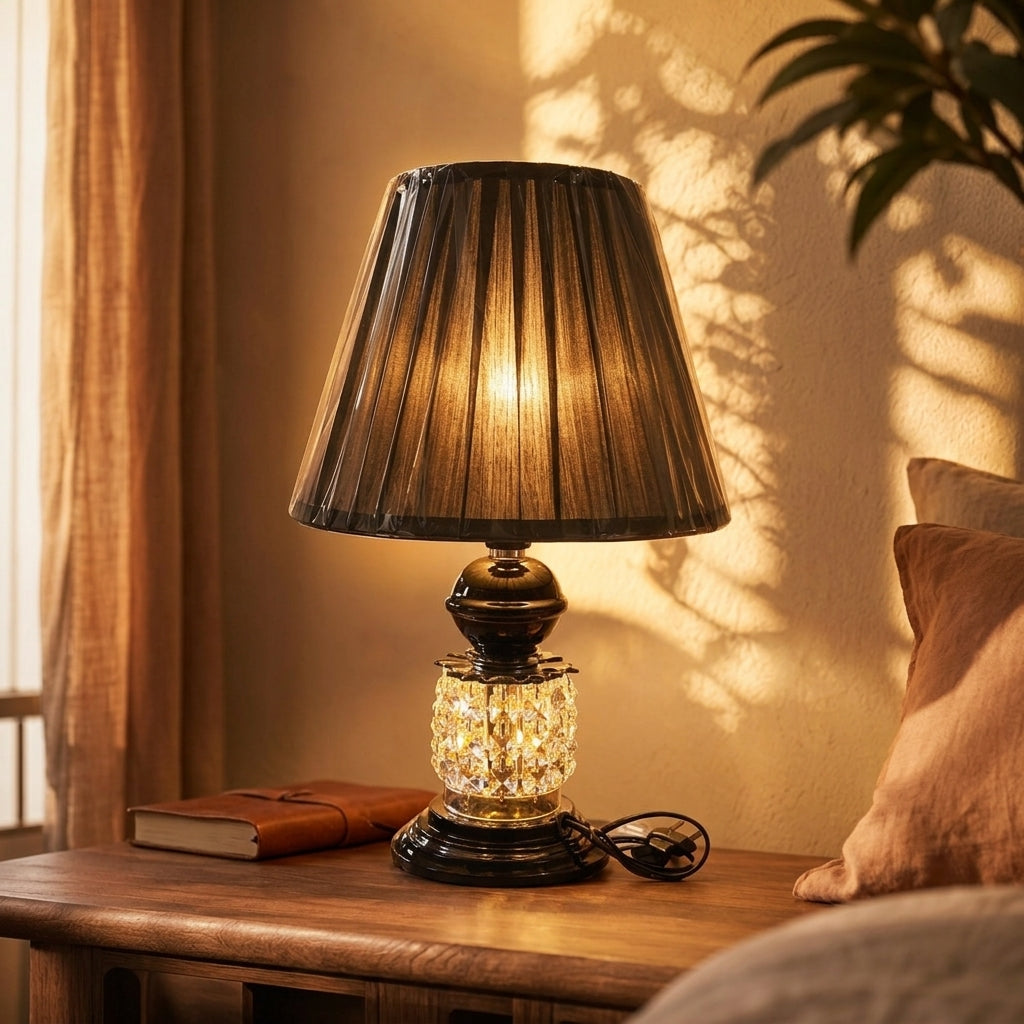 Black Pleated Shade Crystal Glass Table Lamp with Ceramic Base
