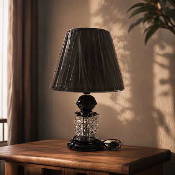 Black Pleated Shade Crystal Glass Table Lamp with Ceramic Base